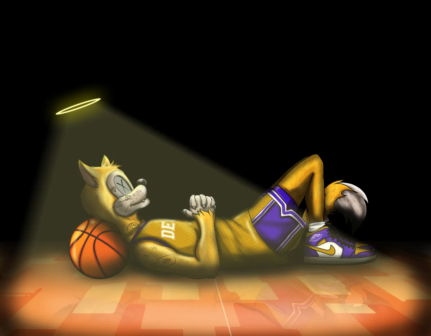 Courtside Halo, hand-drawn mascot illustration