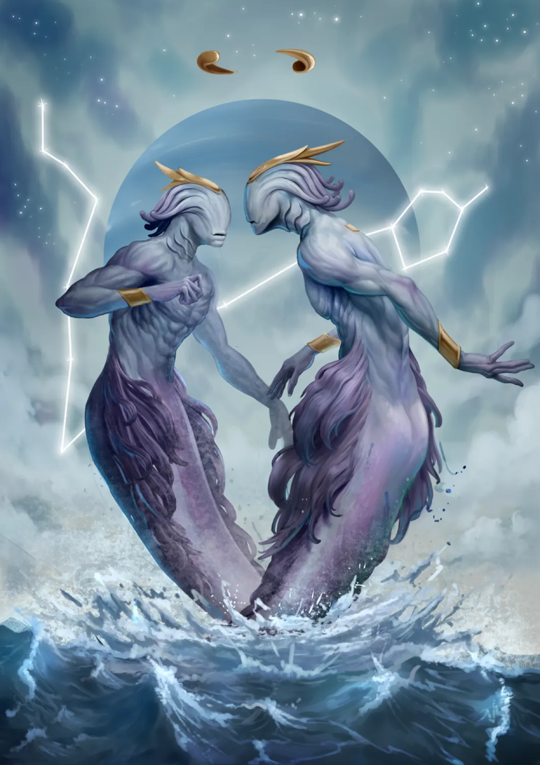 Pisces — Tidewalker, hand-drawn mythology illustration