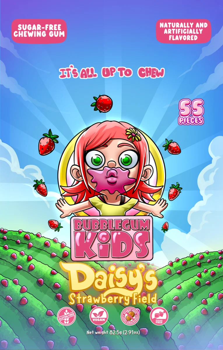 Daisy's Strawberry Field bubble gum package design